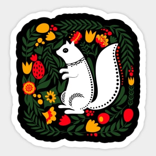 Folk Art White Squirrel with Bright Flowers and Leaves Sticker